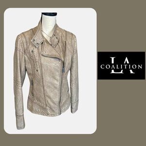 LA Coalition Grey Vegan Leather Moto Jacket Asymmetrical Zip, Bikercore, Sz. M
